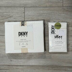 6 Pc DKNY Pure Queen Cotton White Sheets Sheet Set Fitted, Flat, 4 Pillowcases